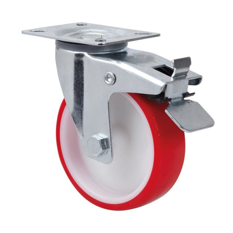 RUEDA INDUSTRIA C/PLACA FRENO GIRATORIA PU ROJO