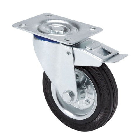 RUEDA INDUSTRIA PLACA FRENO GIRATORIA GOMA NEG.ROD.