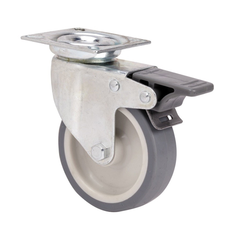 RUEDA INDUSTRIA C/PLACA FRENO GIRATORIA GOMA GRIS 80MM TW0239