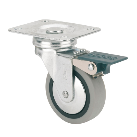 RUEDA MOBILIARIO C/PLACA FRENO GIRATORIA GOMA GRIS